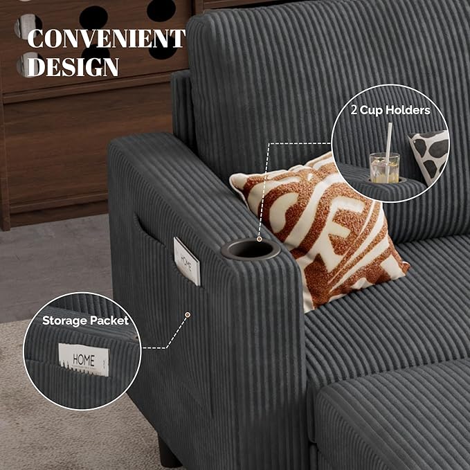 Upholstered Sectional Sofa and Couches, 78'' L Shaped 3-seat Sofa for Living Room, Apartment, Lounge,Bedroom-Washable Covers Convertible Sofas(Corduroy, Dark Gary)