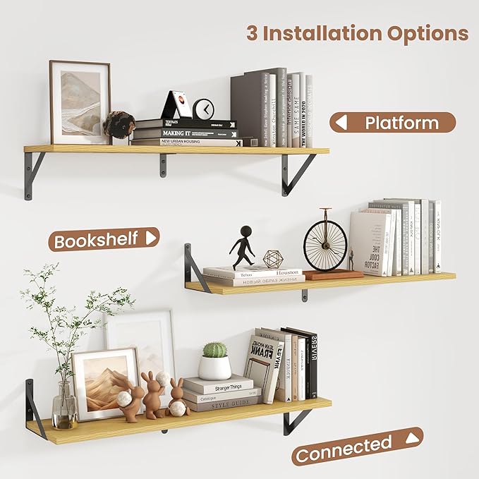 Axeman 32 Inch Floating Shelves | 8 Inch Deep Oak Wall Shelves Set of 2 | 31.5W x 8D Rustic Wood Shelves for Bookshelf Living Room Bedroom Home Office Bathroom