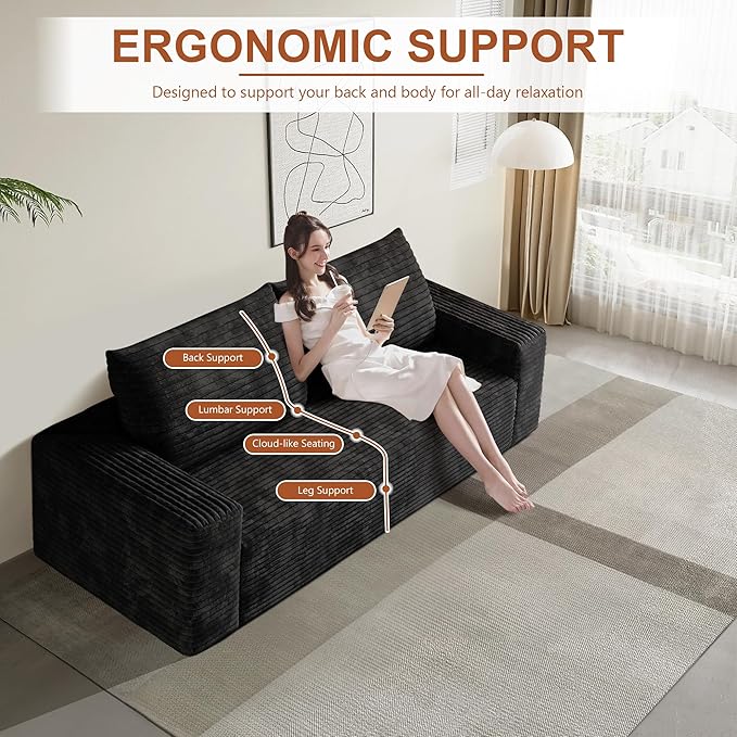 71" Corduroy Loveseat Sofa, 3-Seater Cloud Couch, Boneless Couch in a Box, Comfy Deep Seat Sofa with Memory Foam, Pillows and Wide Armrests, Modern Small Couches for Small Spaces, No Assembly (Black)