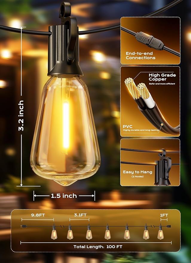 Brightown Outdoor String Lights Patio Lights, 100FT ST38 Shatterproof Dimmable Waterproof Connectable LED Christmas Lights, Hanging Outside Light for Backyard, Porch, Deck, Balcony, Garden, Home Decor