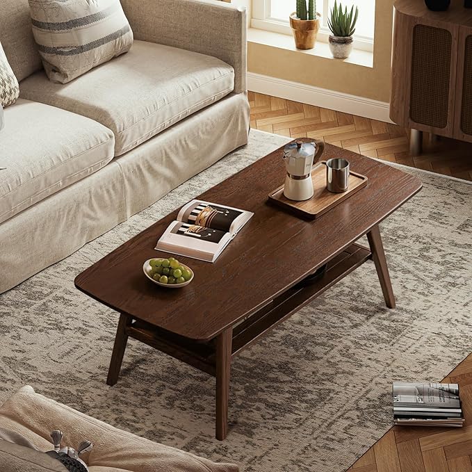 Wood Coffee Table - 100% Solid Oak Wood- 2-Tier Coffee Table with Storage for Living Room, Eco-Friendly Finish, Easy Assembly (Walnut, 47.24" D x 22.04" W x 17.32" H)