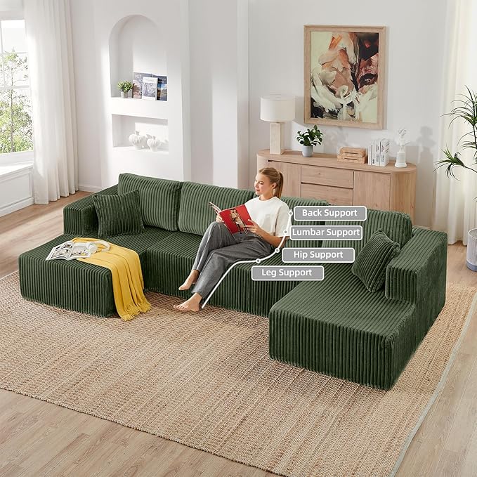 134 Inch Cloud Sectional Couch for Living Room,Corduroy Boneless Couches with L-Shape Chaise,Modern Modular Sectional Sofa with Deep Seat,No Assembly Required (Green, U-Shaped Sofa)