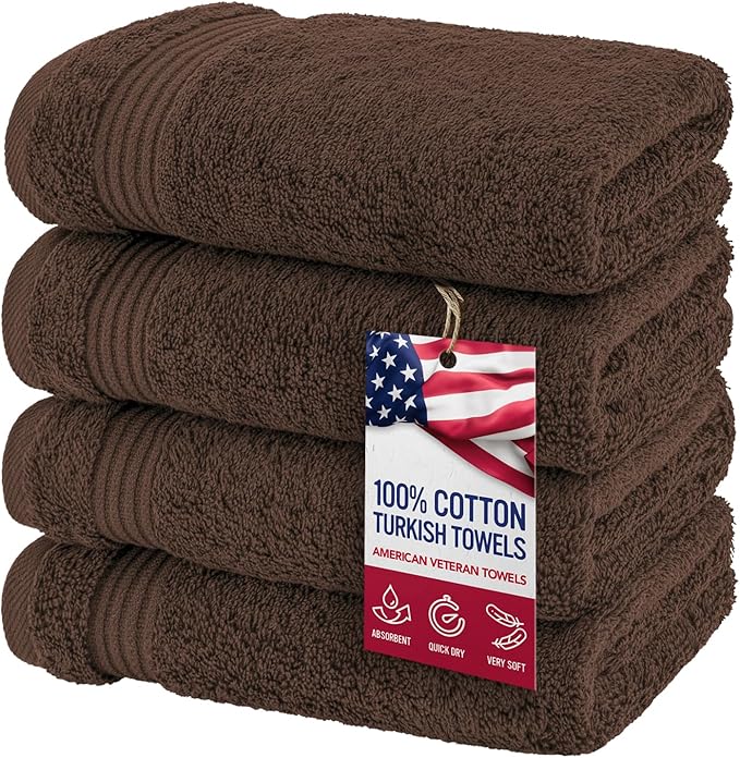 American Veteran Towel, Hand Towels for Bathroom Set of 4, 100% Cotton Turkish Hand Towel Sets, Soft Hand Face Towels, Brown Hand Towels