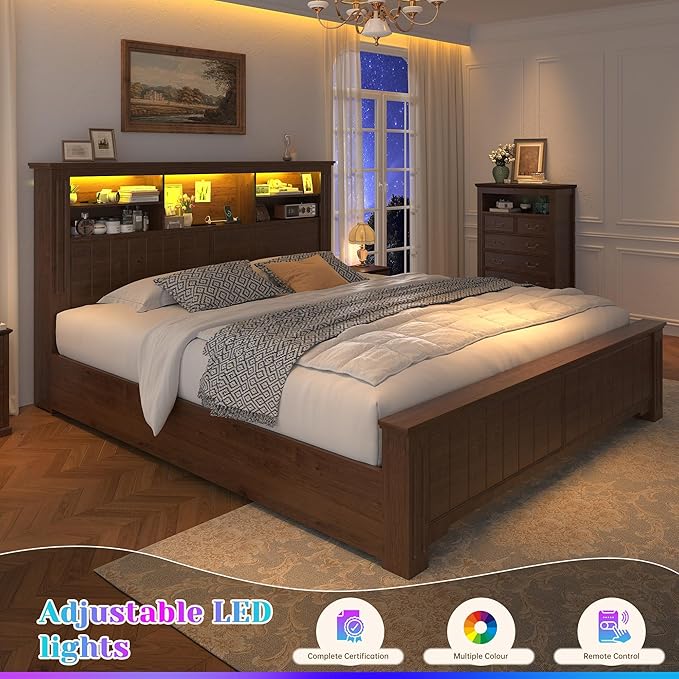 EnHomee Queen Bed Frame with Headboard and Storage,4 Drawers and LED Built in Charging Station Bed Frame Queen Size with Storage Farmhouse, NO Noise,No Box Spring Needed,Brown
