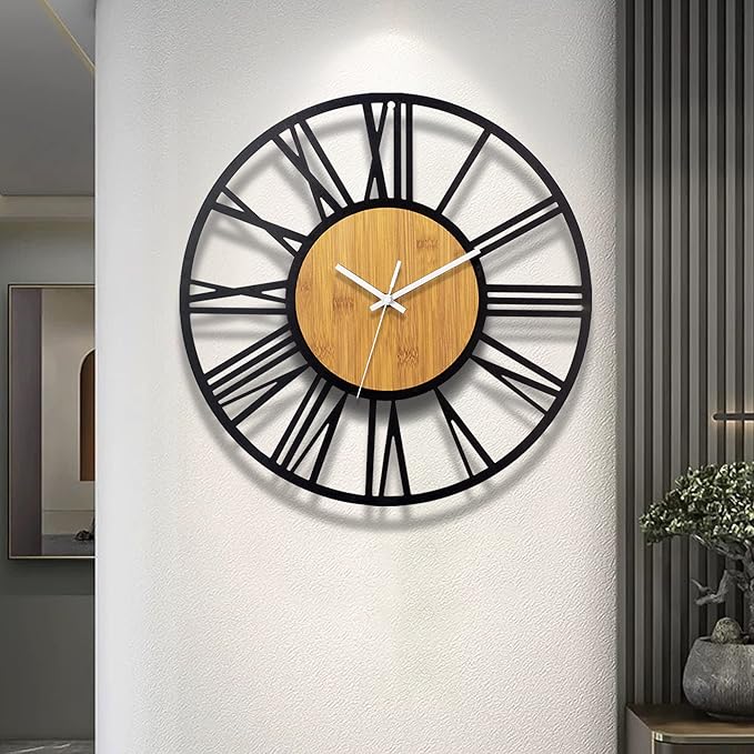 1st owned Wall Clocks for Living Room Decor,16" Vintage,Round Silent Non Ticking,Black Metal,Modern Wood Clocks for Home Bedroom,Kitchen,Garden,Office,Cafe,Modern Wall Decoration -Roman Numerals