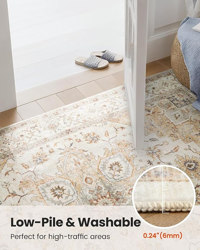 AMADA HOMEFURNISHING 6ft Round Area Rug, Low-Profile Washable 6x6 Rugs with Non-Slip Backing & Durable Edge Binding, Vintage Rug for Kitchen, Bedroom & Hallway, Beige