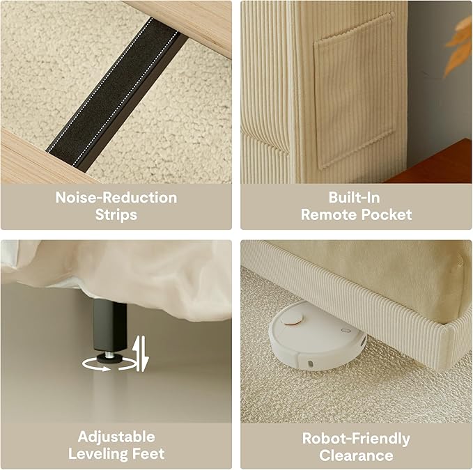 FLEXISPOT Queen Platform Bed Frame with 51" Tall Upholstered Corduroy Headboard, Two-Tier Storage Shelves, LED Light & Charging Station, Remote Pocket, No Box Spring Needed,1100Ibs Heavy-Duty, Beige