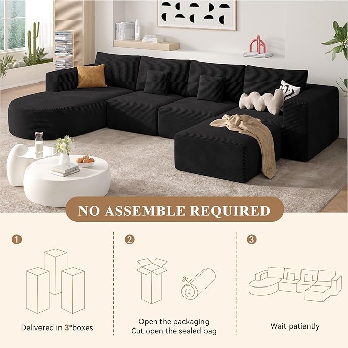 134" Boneless Couches for Living Room,Modular Sectional Sofa with Ottoman,Cloud Couch in a Box,Sponge Compression U Shaped Sofas with Chaise No Assembly Required,Black,1pcs