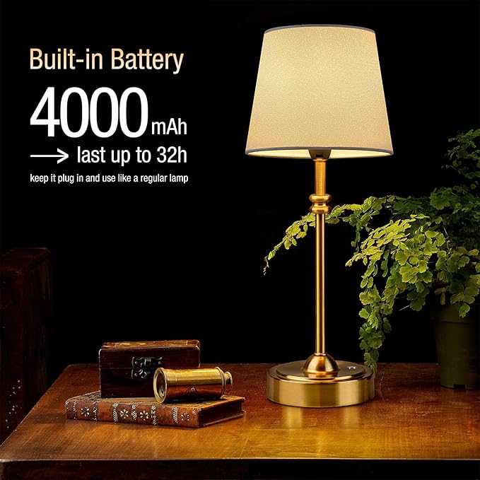 ONEWISH Cordless Lamp-Battery Operated Table lamp, 4000mAh Rechargeable, Stepless Dimmable, Small Touch Bedside Lamp with Fabric Shade, for Dining, Patio, Bathroom(Gold)