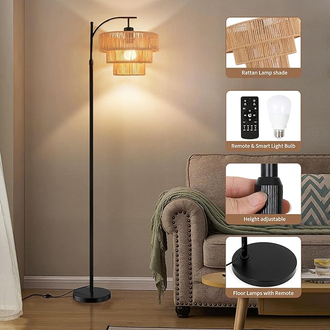 Boho Floor Lamp for Living Room Bedroom with Remote,Arc Farmhouse Floor Lamps with 3 Color Temperature,Rustic Standing Lamp with 3-Tier Rattan Wicker Shades,Adjustable Tall Lamp for Office,Corner
