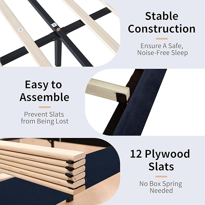 Queen Size Upholstered Platform Bed Frame with Modern Wingback & Vertical Panel Headboard, Linen Fabric, Wooden Legs & Slats Support, No Box Spring Needed, Noise-Free & Easy Assembly, Dark Blue