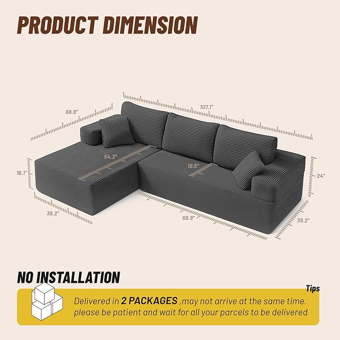 107" Boneless Couch with Deep Seat, Modular Sectional Sofa, Cloud Sectional Couch for Living Room, No Assembly Required, Corduroy, L-Shape Left?Grey