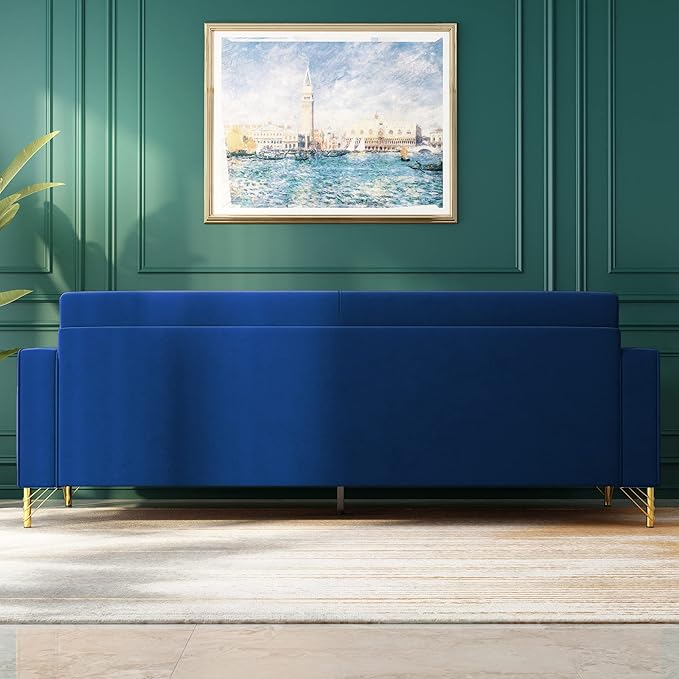 2PCS 85.63" Blue Velvet Sofa,Modern Loveseat Couch with Pillows Set of 2 for Living Room,Bedroom,Apartment Furniture with Gold Metal Legs
