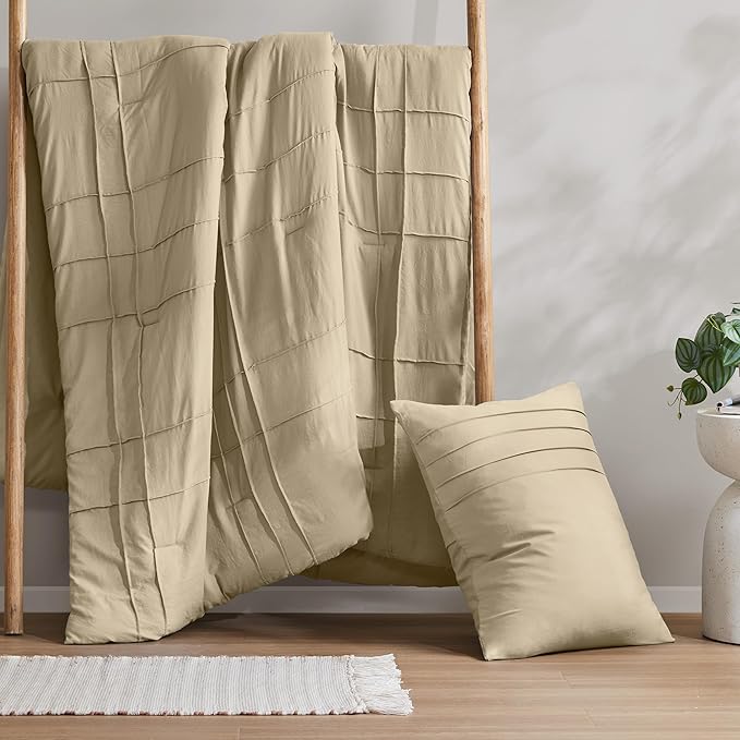 Comfort Spaces Khaki Twin Size Comforter Set - 2 Pieces Pintuck Pleated Bedding Sets, All Season Lightweight, Extra Softness Pre-Washed Microfiber Twin Bed Set, Shams, Twin