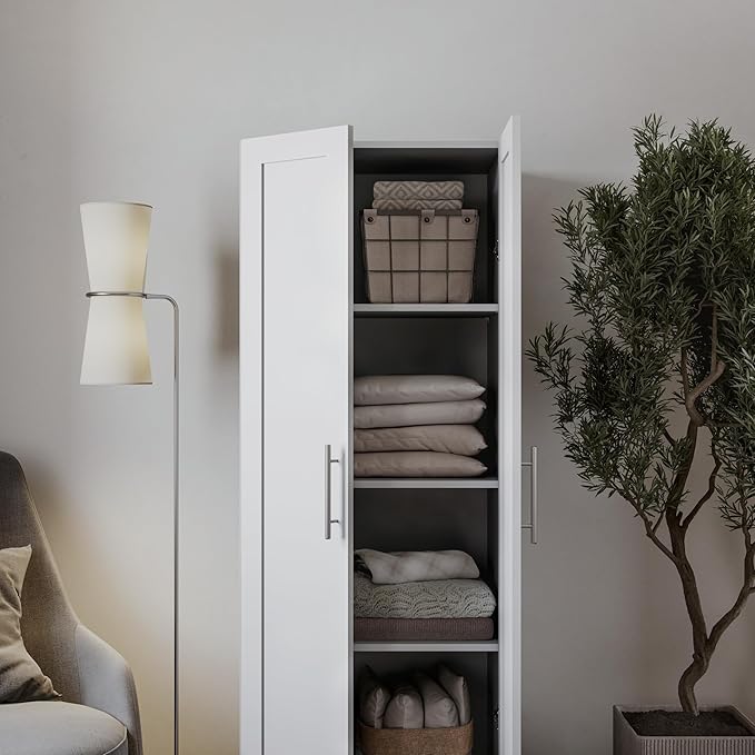 Prepac Elite Plus 24" Wide Storage Accent Cabinet with Panel Doors, White Storage Cabinet, Bathroom Cabinet, Pantry Kitchen with 3 Shelves 16.75" D x 24" W x 65" H