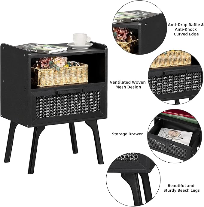 Lerliuo Rattan Nightstand, Side Table with Drawer Open Shelf, Cane Accent Bedside End Table with Solid Wood Legs, Mid Century Modern Night Stand for Bedroom, Dorm and Small Spaces (Black)