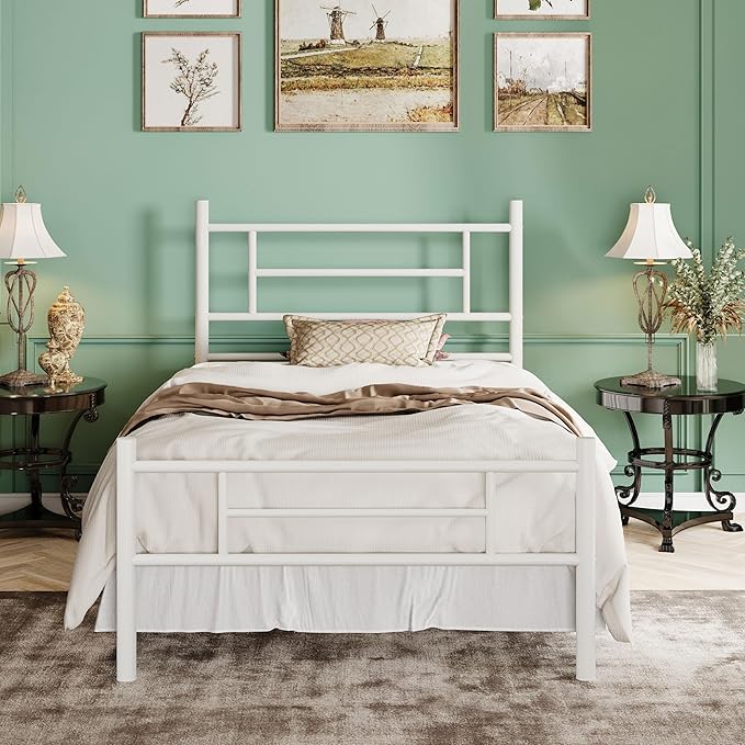 SHA CERLIN 14 Inch Twin Size Metal Bed Frame with Iron-Art Headboard and Footboard,Under Bed Storage Space,Platform Bed with Metal Slats Support,Easy Assembly,Noise Free,No Box Spring Needed,White