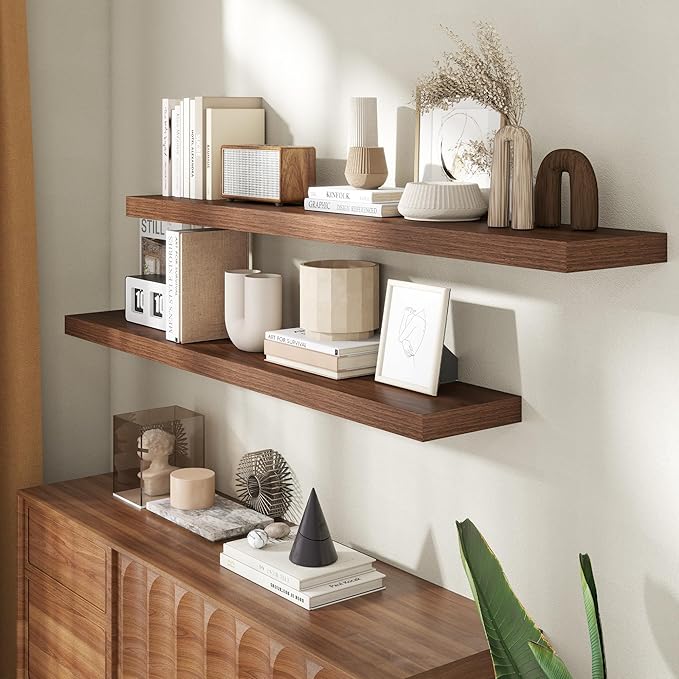 55 Inch Floating Shelves for Wall, 8 Inch Deep Floating Shelf for Storage & Display, Rustic Wall Mounted Shelf with Invisible Brackets for Living Room, Kitchen, Bathroom, Home Decor, Set of 2, Walnut