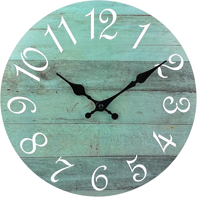 Plumeet Wall Clock, 12'' Frameless Wooden Wall Clocks with Silent Quartz Movement, Rustic Coastal Country Village Clocks Decorative for Kitchen Bedroom Living Room, Green
