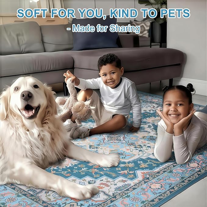 WILLSUN Washable Area Rugs, 2x6 Non-Slip Boho Area Rugs for Kitchen, Living Room, Bedroom, Machine Washable Vintage Rug, Indoor Floral Print Carpet for Home Decor, Kid & Pet Friendly Mat