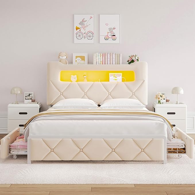 Queen Upholstered LED Bed Frame with 2 Storage Drawers and 2-Tier Storage Headboard,Velvet Princess Platform Bed with Charging Station&Bookcase,Heavy Duty Metal Support,No Box Spring Needed,Beige