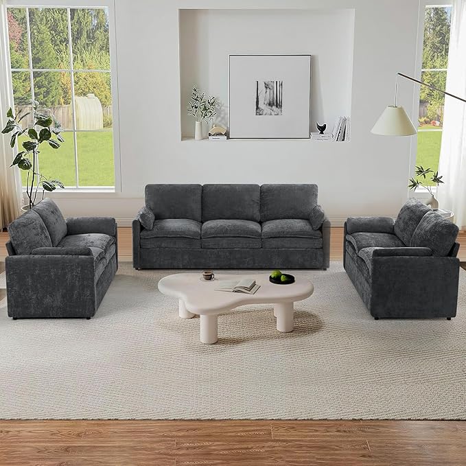 3 Pieces Chenille Sofa Set w/Arm Pillows, Upholstered 2 Pieces Loveseat & 3 Seater Sofa w/Comfortable Back Cushions, Modern 2-Seat & 3-Seat w/High-Density Foam for Living Room, Grey