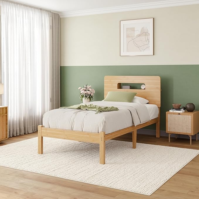 ZIYOO Solid Bamboo Wood Bed Frame Twin with Storage Headboard, 14 inch Platform Bed Frame Twin Size No Box Spring Needed with Steel Slats, Sturdy and Stable, Easy Assembly, Noise Free