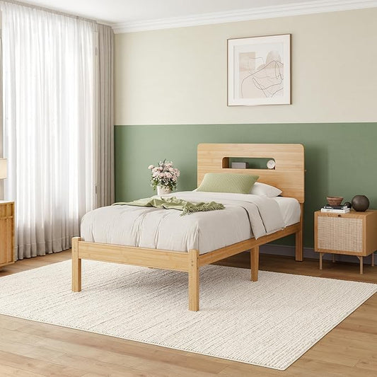ZIYOO Solid Bamboo Wood Bed Frame Twin with Storage Headboard, 14 inch Platform Bed Frame Twin Size No Box Spring Needed with Steel Slats, Sturdy and Stable, Easy Assembly, Noise Free