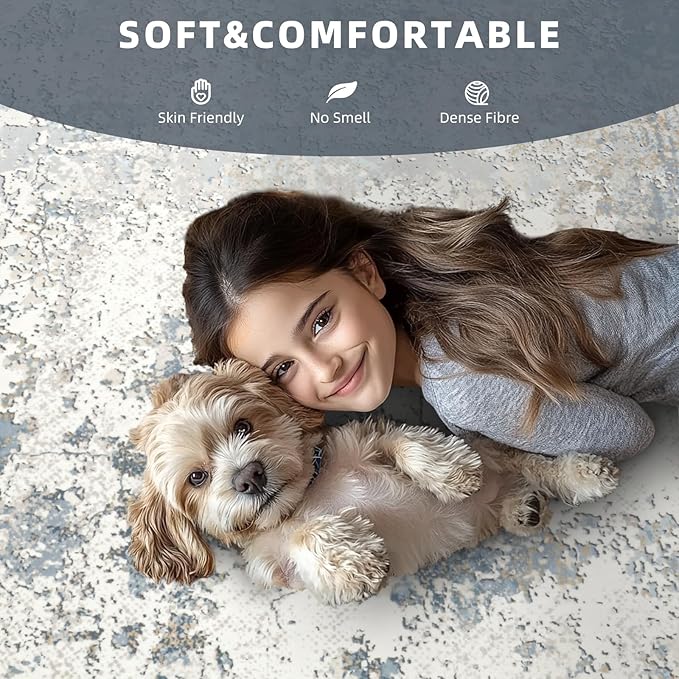 Washable Rugs 8x10 Area Rugs for Living Room - Modern Abstract Rugs for Bedroom,Dining Room,Large Soft Low Pile Carpet with Non Slip Rubber Backing,Neutral Accent Nursery Rug- Beige Blue