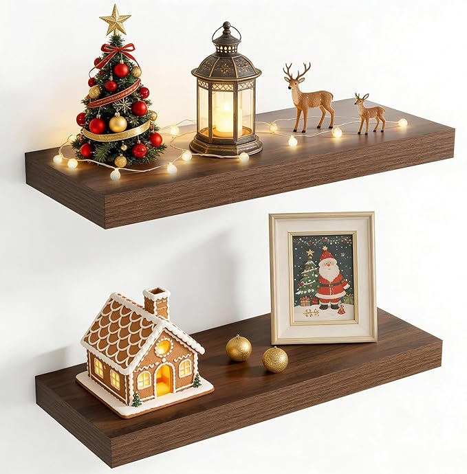 24 Inch Floating Shelves for Wall, 8 Inch Deep Floating Shelf for Storage & Display, Rustic Wall Mounted Shelf with Invisible Brackets for Living Room, Kitchen, Bathroom, Home Decor, Set of 2, Walnut