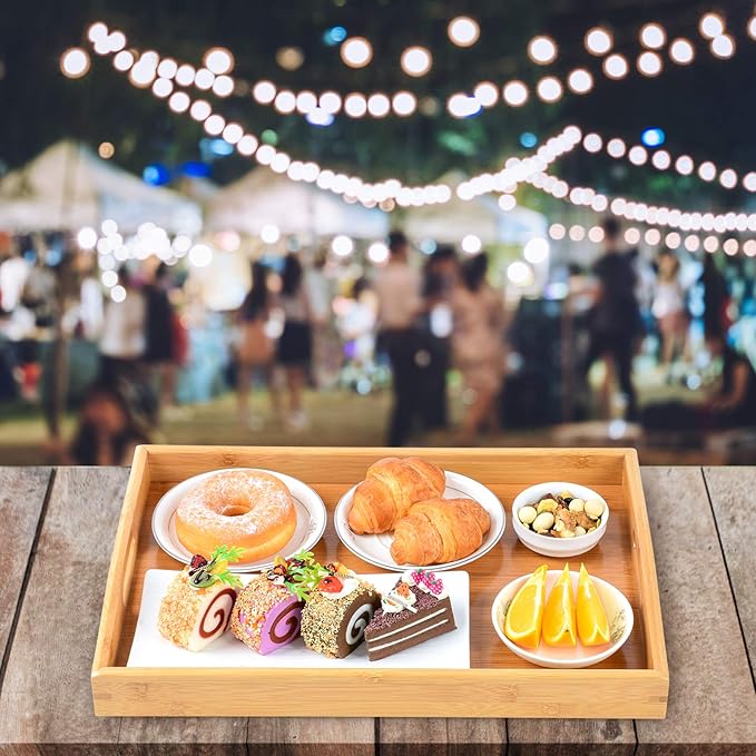 3 Pack Bamboo Serving Trays with Handles, Rectangular Kitchen Food Tray for Eating, Dinner Trays for Eating on Couch, Wood Serving Platter for Breakfast, Tea, Bar, Restaurant, Party or Bed (Beige)