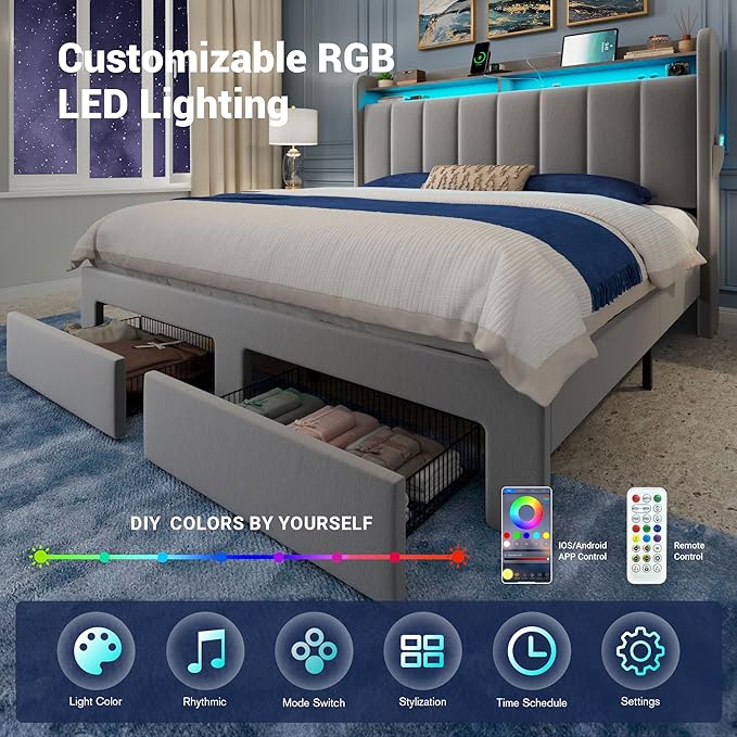 Allewie Velvet Vertical Tufted Queen Upholstered Platform Bed Frame with 2-Tier LED Storage Headboard & 2 Storage Drawers, USB & Type-C Charging Ports, Noise-Free/No Box Spring Needed, Grey