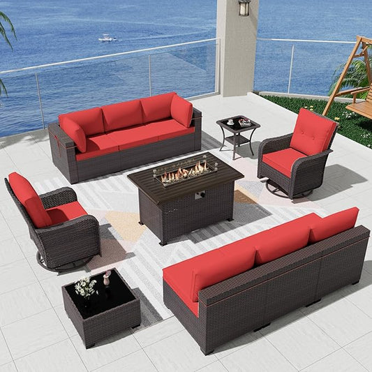 Kurapika 11 Pieces Patio Furniture Set, Rattan Wicker Outdoor Conversation Sets w/43in Propane Fire Pit Table, Swivel Rocking Chairs Patio Sectional Sofa w/4 Inch Cushion, Red