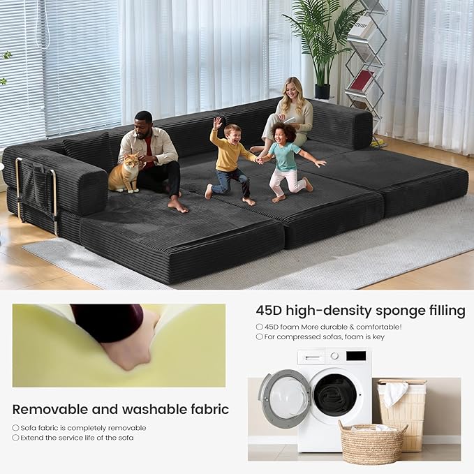 Folding Sofa Bed Convertable Corduroy Couch King Size Floor Sleeper 4-in-1 DIY Combination Modular Sofa Fold Out Futon Lounge Comfy Foldable Lazy cama for Living Room (Black)