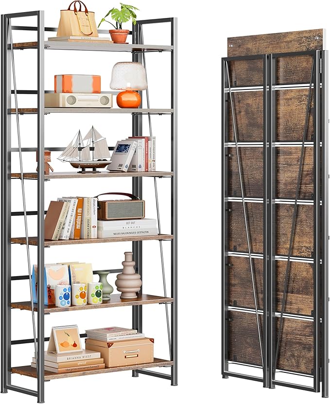4NM No Assembly Folding Bookshelf, 6-Shelf 74" H Collapsible Foldable Bookcase Storage for Small Spaces, Rustic Brown and Black