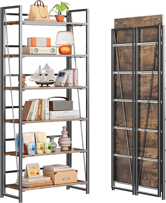 4NM No Assembly Folding Bookshelf, 6-Shelf 74" H Collapsible Foldable Bookcase Storage for Small Spaces, Rustic Brown and Black
