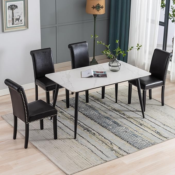 Westice Dining Room Chairs Set of 4 Upholstered PU Leather Kitchen Chairs Dining Room Side Chair with Nailhead Trim and Rubber Wood Legs for Small Space Apartment, Black