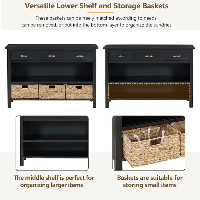 GDFStudio 47" Retro Console Table with 3 Drawers & 3 Water Hyacinth Baskets, Wooden Entryway Buffet Table with Lower Shelf, Vintage Side Board Storage Cabinet for Entryway Hallway Living Room, Black