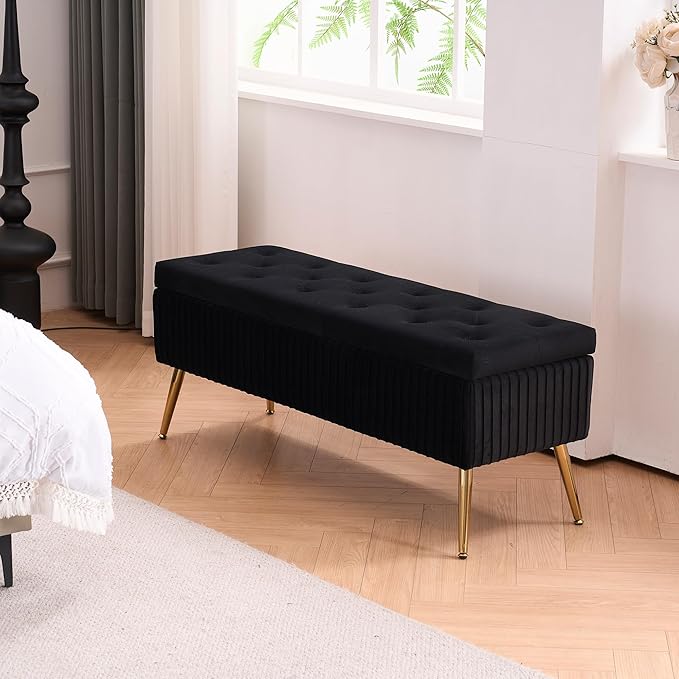 Velvet Storage Bench for Bedroom, Rectangle Upholstered End of Bed Bench Modern Tufted Ottoman with Gold Legs for Living Room/Window/Entryway (Black-45.5" W)