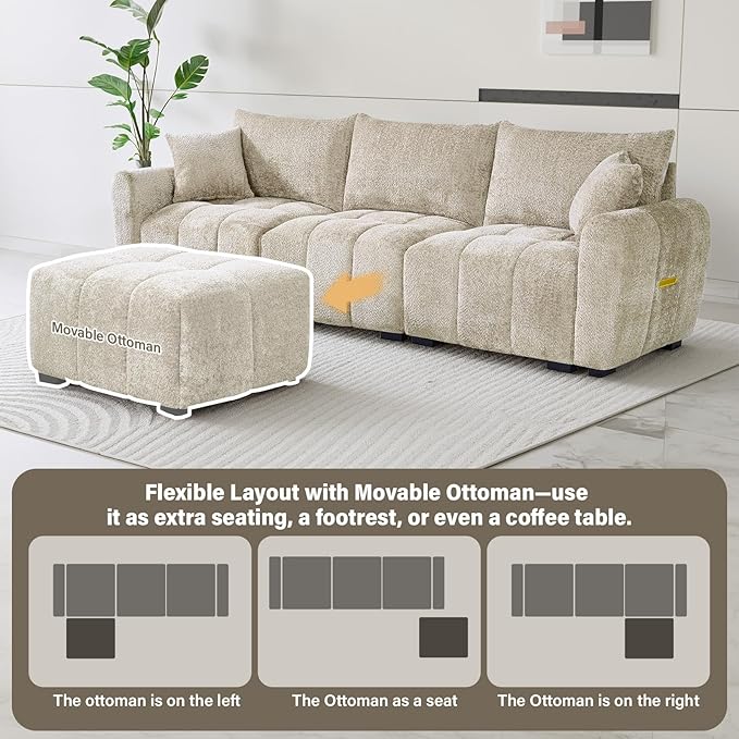 110" L Shaped Modern Boucle Sofa Modular Sectional Cloud Couch with Ottoman, Tufted 4-Seat Deep Seat Sofa with Pillows for Living Room, Bedroom and Apartment, Light Brown
