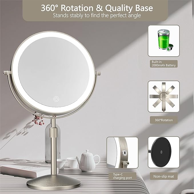8" Lighted Makeup Mirror, 1X/10X Magnification with Light, Double Sided Dimmable, Rechargeable & Brightness & Height Adjustable, Cordless Vanity(Brushed Nickel)