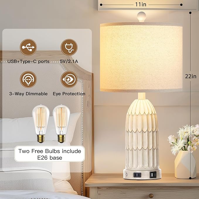 Farmhouse Table Lamps Set of 2, 3-Way Dimmable Touch Lamp for Bedroom Nightstand with USB A+C Ports & AC Outlet, White Vintage Boho Bedside Lamp for Living Room End Table (Bulbs Included)