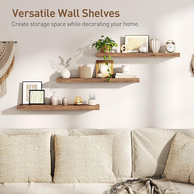 Floating Shelves for Wall, 1.5" Thick Wall Shelf Set of 3 with Invisible Brackets, L31.5 x W7.9 Hanging Shelves Farmhouse Home Decor for Bathroom, Living Room, Bedroom, Rustic Brown 8301BJP3BF
