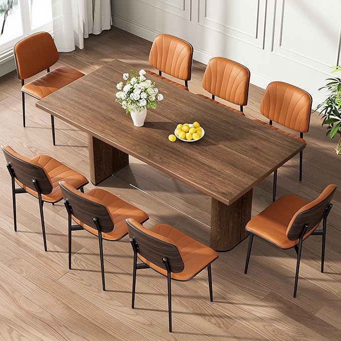 Dining Chairs Set of 8, Mid-Century Modern Upholstered PU Leather Chairs with Walnut Back and Metal Legs Adjustable Feet for Kitchen Dining Room, Orange Shell Strips