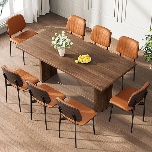 Dining Chairs Set of 8, Mid-Century Modern Upholstered PU Leather Chairs with Walnut Back and Metal Legs Adjustable Feet for Kitchen Dining Room, Orange Shell Strips