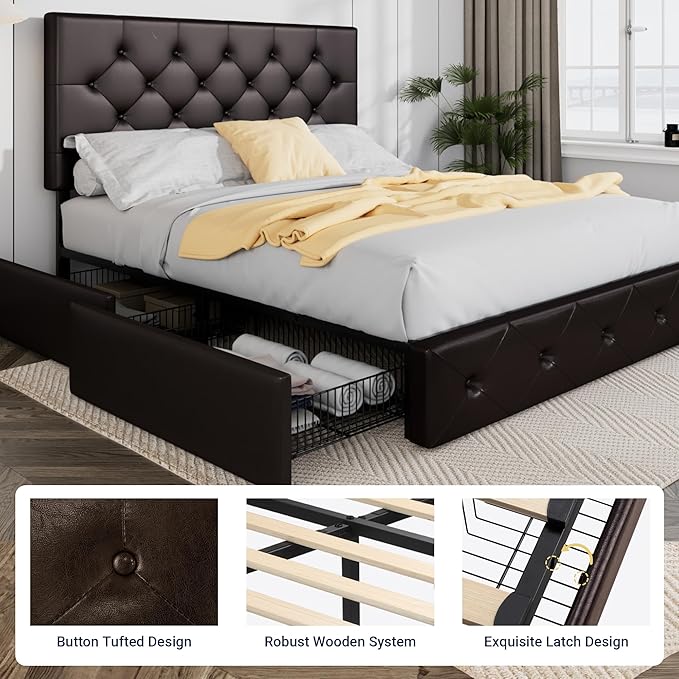 Allewie Upholstered Full Size Platform Bed Frame with 4 Storage Drawers and Headboard, Diamond Stitched Button Tufted, Mattress Foundation with Wooden Slats Support, No Box Spring Needed, Black Brown