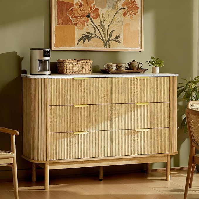 Fluted 6 Drawer Storage Cabinet, 47" Wide Chest of Drawers with Faux Marble Top & Curved Profile Design, Modern Buffet Cabinet, Wood Sideboard for Living Room, Hallway, Natural