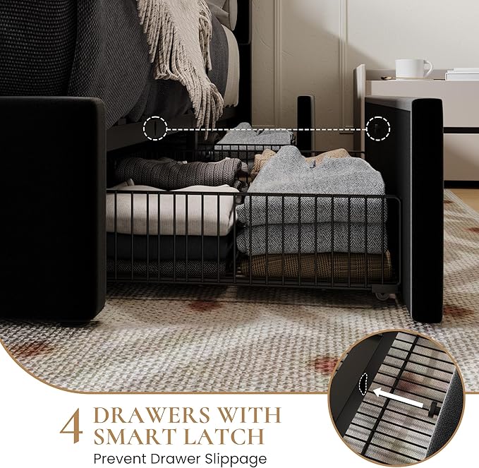 SHA CERLIN Full Size Platform Bed Frame with 4 Storage Drawers, Vertical Channel Tufted Adjustable Headboard, Velvet Upholstered, Wooden Slats Support, No Box Spring Needed, Easy Assembly, Black