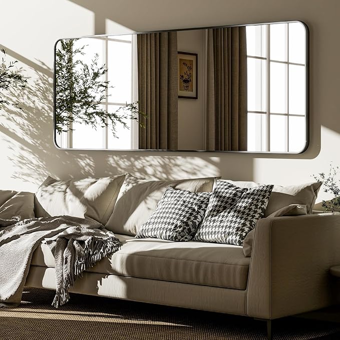 VooBang Round Corner Mirror Full Length, 66" x 23" Floor Mirror with Stand, Matte Aluminum Alloy Frame Full Body Mirror, Standing Hanging or Leaning for Bedroom and Living Room, Black