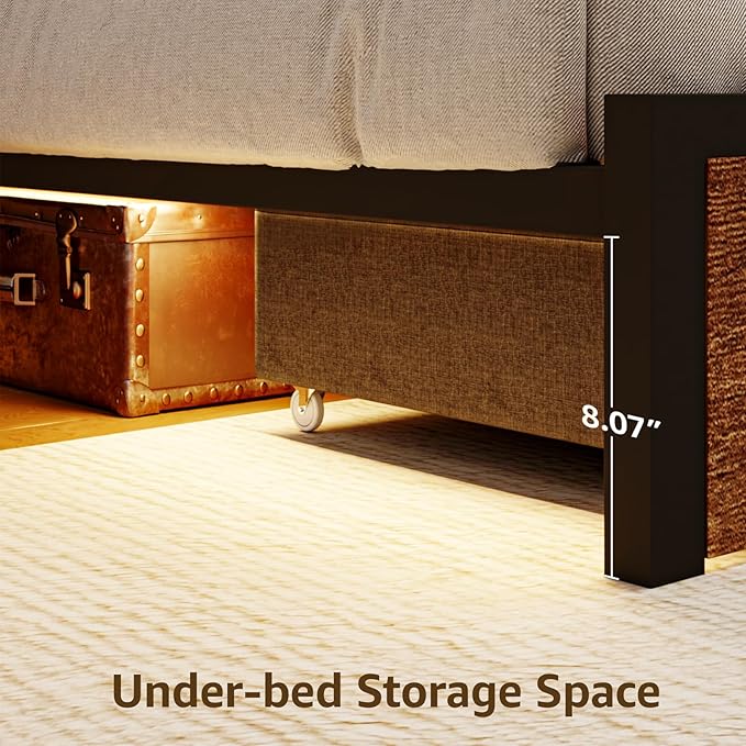 Full Size Bed Frame with 4 Storage, Upholstered Velvet Platform Bed Frames with Button Tufted Headboard Led Lights, Wooden Slats Support, No Box Spring Needed, Rustic Brown